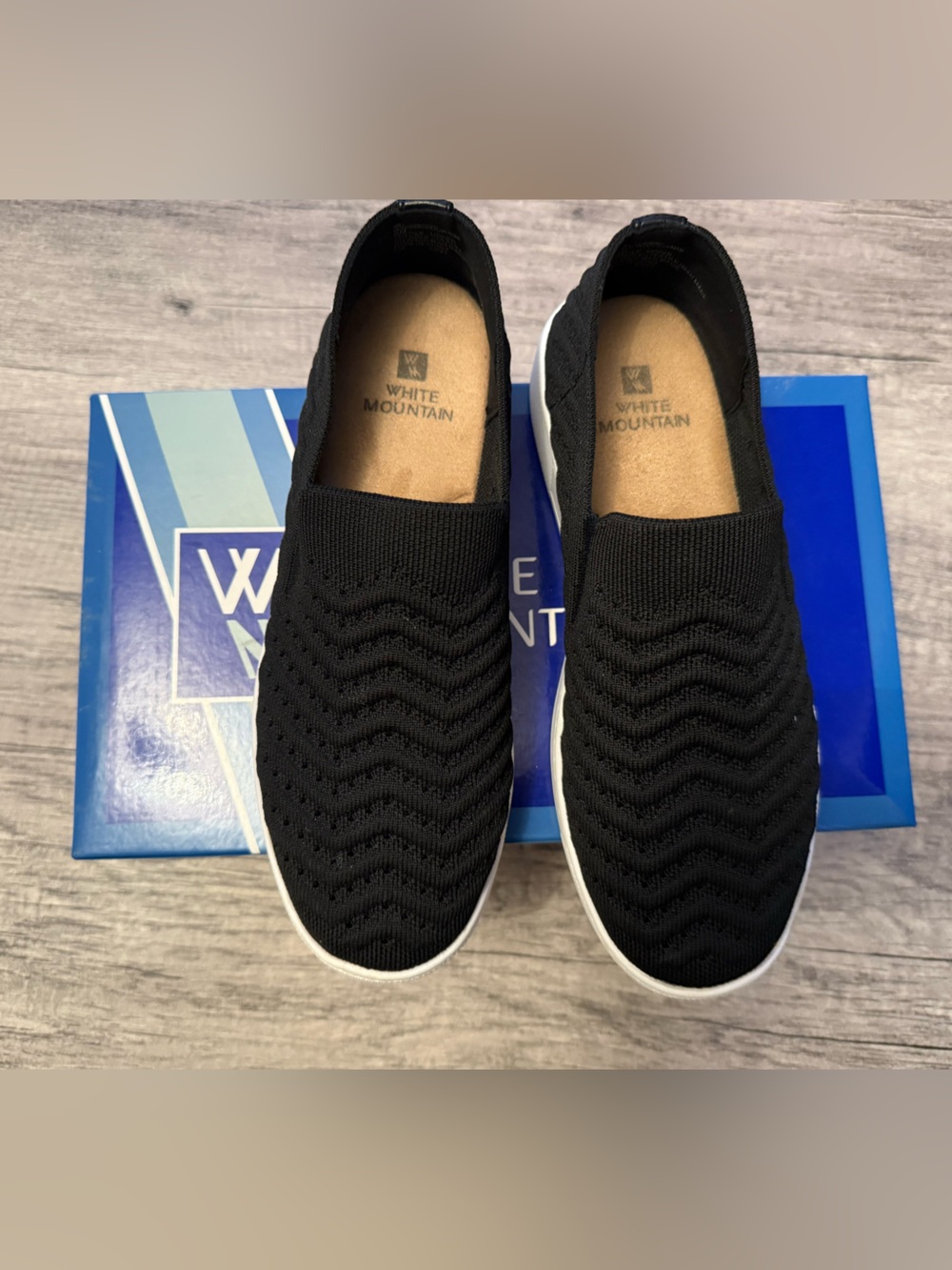 White Mountain Black Knit Slip On Sneakers with White Sole